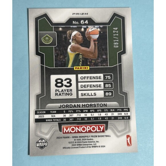 Seattle Storm ,Jordan Horston 2024 WNBA Prizm Monopoly ORANGE Prizm /124  SP#64 - Picture 3 of 3
